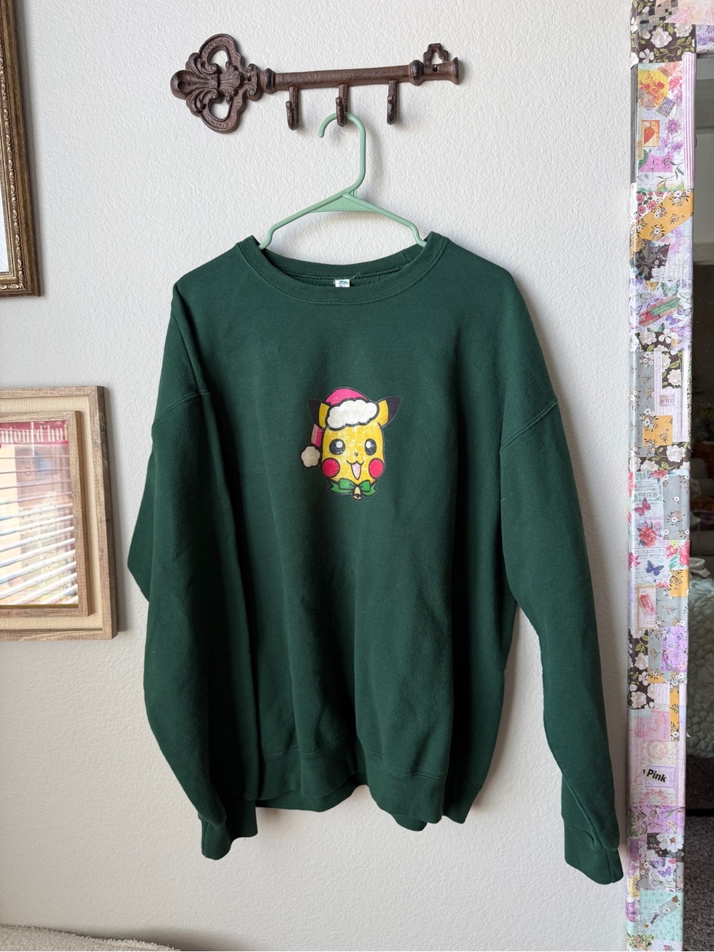 Jerzees Dark Green Holiday Pikachu Crewneck Sweatshirt